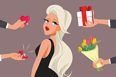 Pretty Privilege: schön – und gut? Grafik einer Blondine mit langen Haaren, Kussmund und einem schwarzen Kleid. Vier Hände reichen der Frau unterschiedliche Geschenke: ein Herz, ein Päckchen, einen Blumenstrauß, einen Diamantring.