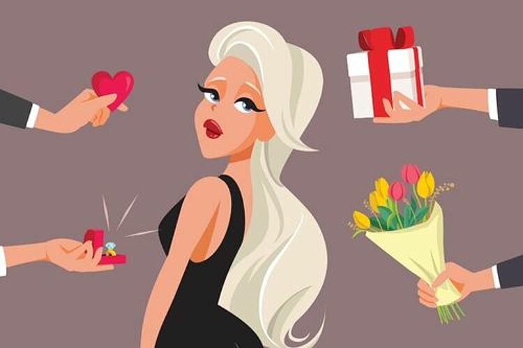 Pretty Privilege: schön – und gut? Grafik einer Blondine mit langen Haaren, Kussmund und einem schwarzen Kleid. Vier Hände reichen der Frau unterschiedliche Geschenke: ein Herz, ein Päckchen, einen Blumenstrauß, einen Diamantring.