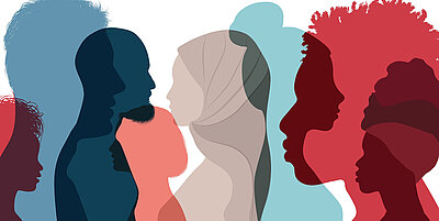 Diversity in der deutschen Unterhaltungselektronik Grafik verschiedener Menschen im Profil, deren Shilouhetten sich teilweise überlagern.