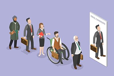 Unconscious Bias im Alltag: Unbewusste Vorurteile und was wir dagegen tun können Eine Illustration zeigt eine Reihe von Personen, die sich für einen Job bewerben. Die Schlange umfasst eine vielfältige Gruppe: eine Person in einem Rollstuhl, eine Frau, einen älteren Mann, einen Mann in einem Business-Anzug und eine Person mit einem Turban. Am Ende der Schlange steht ein großes Plakat, auf dem ein idealisierter Bewerber mit einem Anzug und einer Aktentasche abgebildet ist, was auf unbewusste Vorurteile im Einstellungsprozess hinweist.