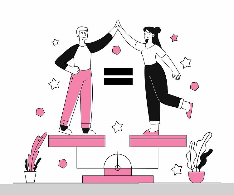 Gender Mainstreaming: Chance statt Zumutung Illustration eines Mannes und einer Frau, die sich auf Augenhöhe stehend die Hand geben (High-Five) und auf einer Waage ausbalanciert sind. Zwischen ihnen ist ein Gleichheitszeichen zu sehen, umgeben von symbolischen Elementen wie Sternen und Pflanzen. Die Illustration vermittelt das Konzept von Geschlechtergerechtigkeit und Gleichberechtigung.